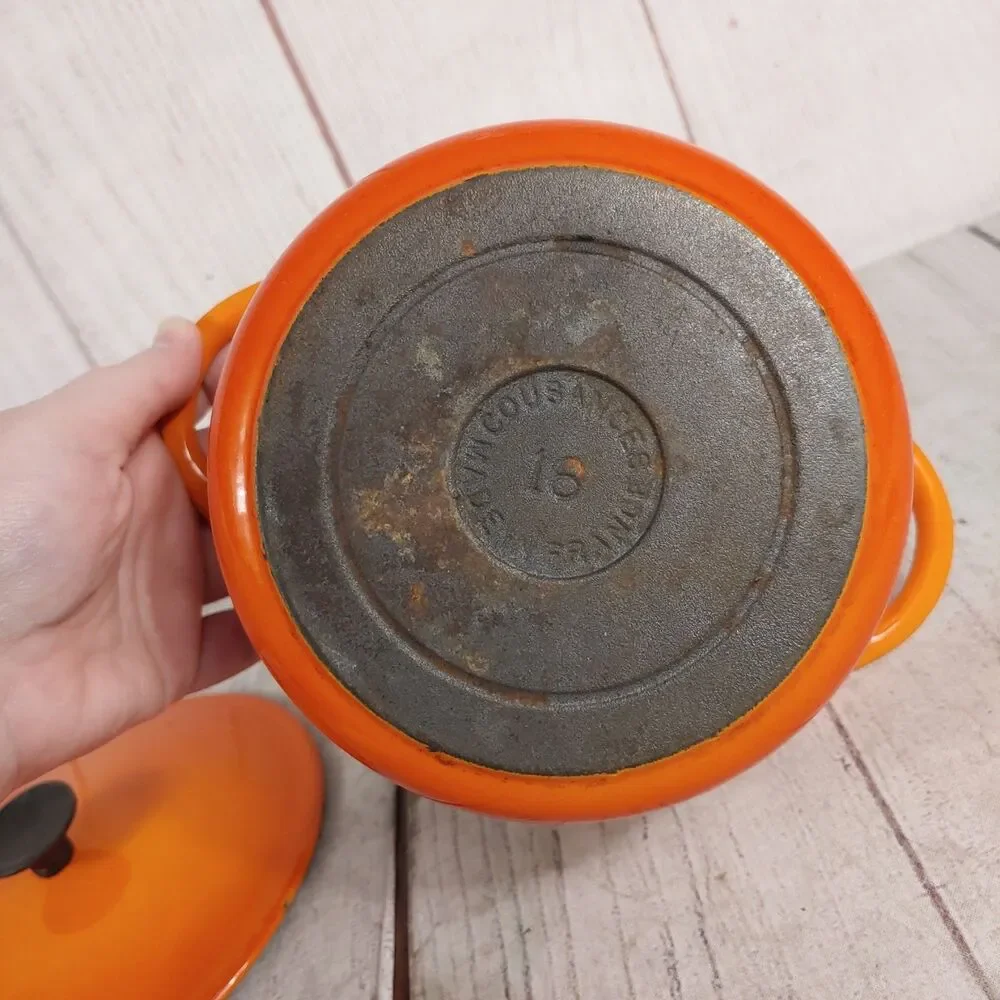 VINTAGE Cousances #16 ENAMELED Cast Iron Sauce Pan - Pot Orange w/ Lid - France